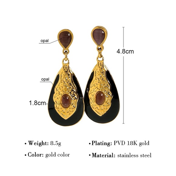 ◾️18K Gold Plated Opal Black Enamel Dangle Earring - Picture 6 of 6